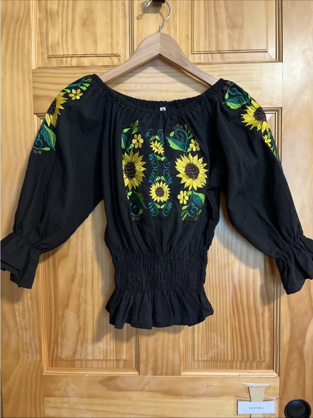 Embroidered Black Sunflower Off-Shoulder Crop Top